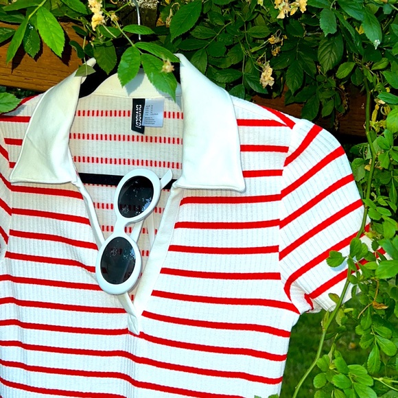 Striped Bodycon Mini Dress DIVIDED Red Stripes Polo Collar - Size M - Picture 2 of 8
